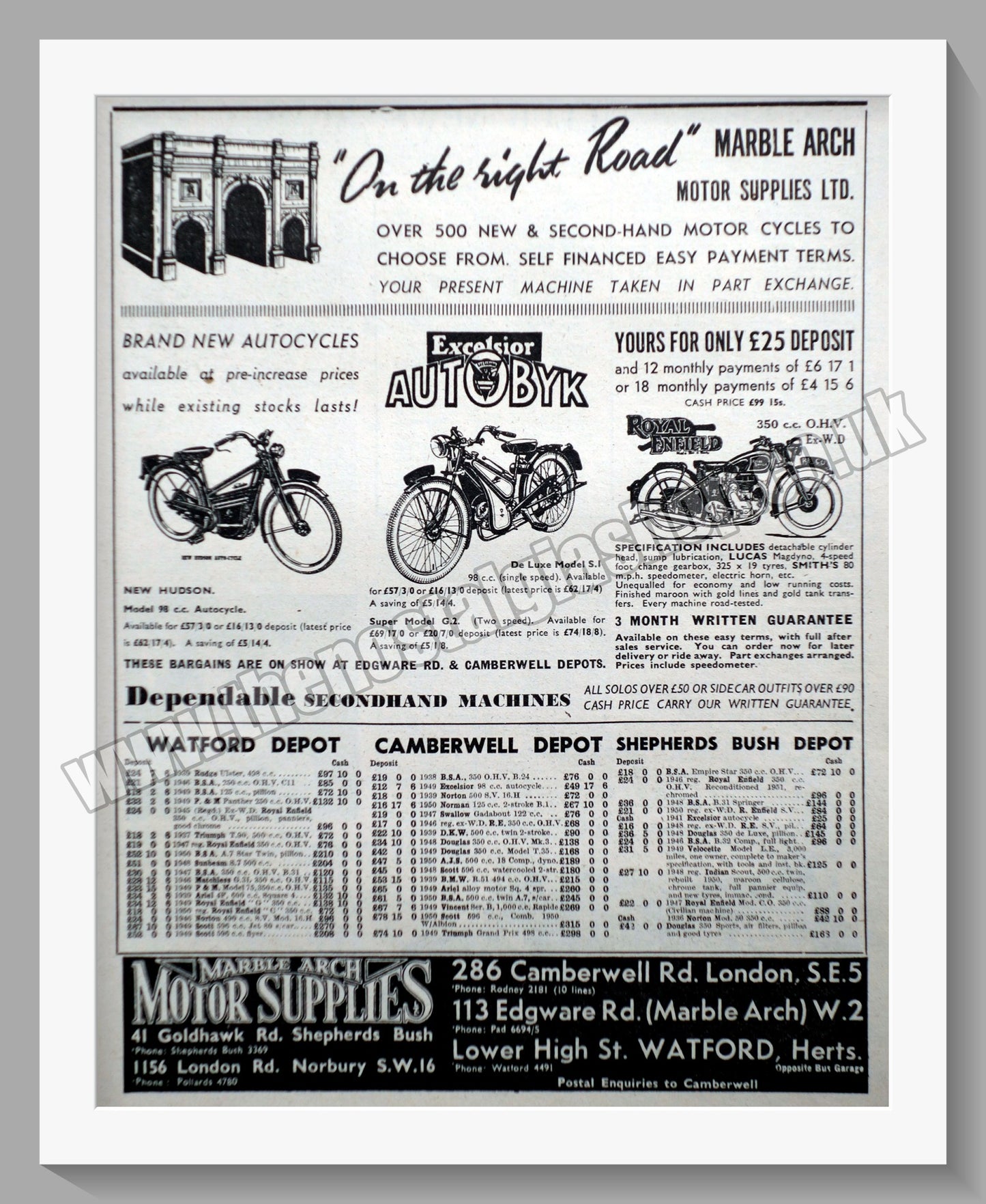 Marble Arch Motorcycle Dealer. Original Advert 1951 (ref AD57581)