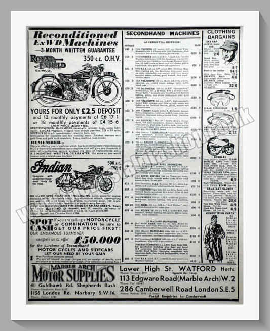 Marble Arch Motorcycle Dealer. Original Advert 1950 (ref AD57582)