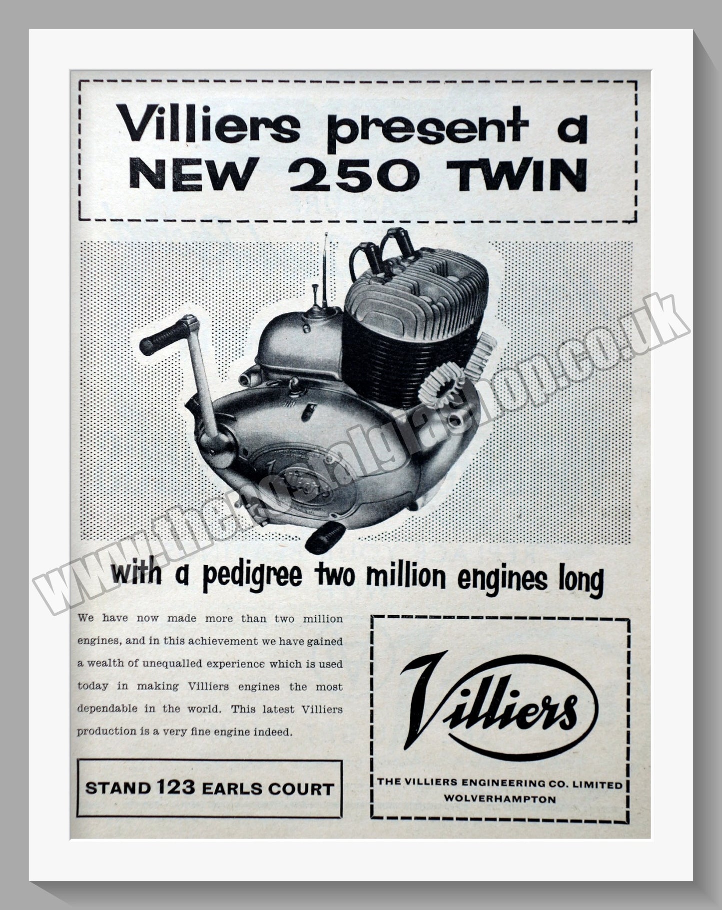 Villiers 250cc Two Stroke Twin Motorcycle Engine. Original Advert 1956 (ref AD57585)
