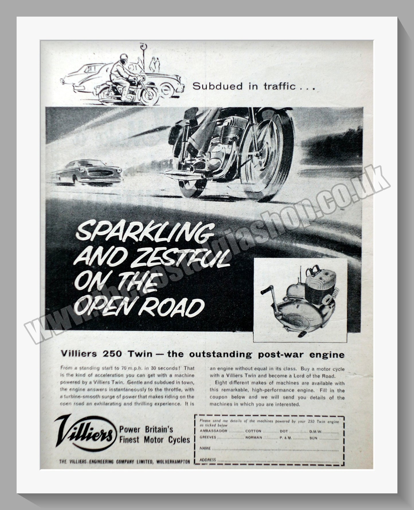 Villiers 250cc Two Stroke Twin Motorcycle Engine. Original Advert 1959 (ref AD57587)