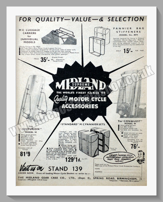 Midland Supreme Motorcycle Accessories. Original Advert 1955 (ref AD57621)