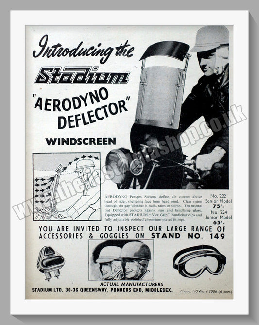 Stadium Aerodyno Deflector Motorcycle Windscreen. Original Advert 1953 (ref AD57623)