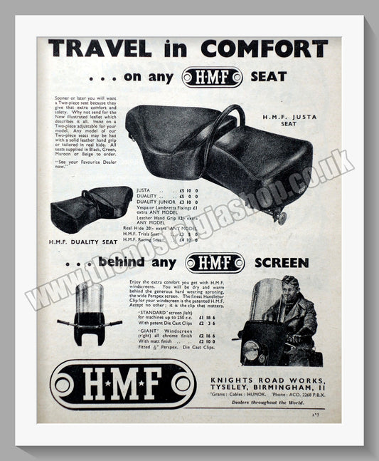 H.M.F Motorcycle Seats. Original Advert 1954 (ref AD57680)