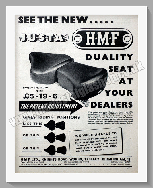 H.M.F Motorcycle Seats. Original Advert 1952 (ref AD57681)