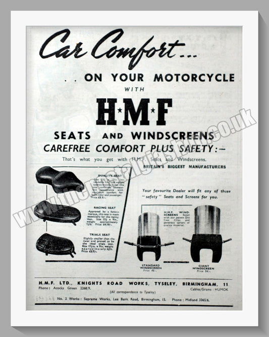 H.M.F Motorcycle Seats and Windscreens. Original Advert 1952 (ref AD57682)