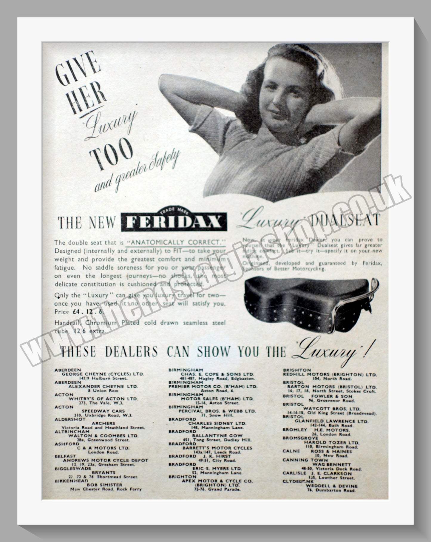 Feridax Motorcycle Seats. Original Advert 1950 (ref AD57683)
