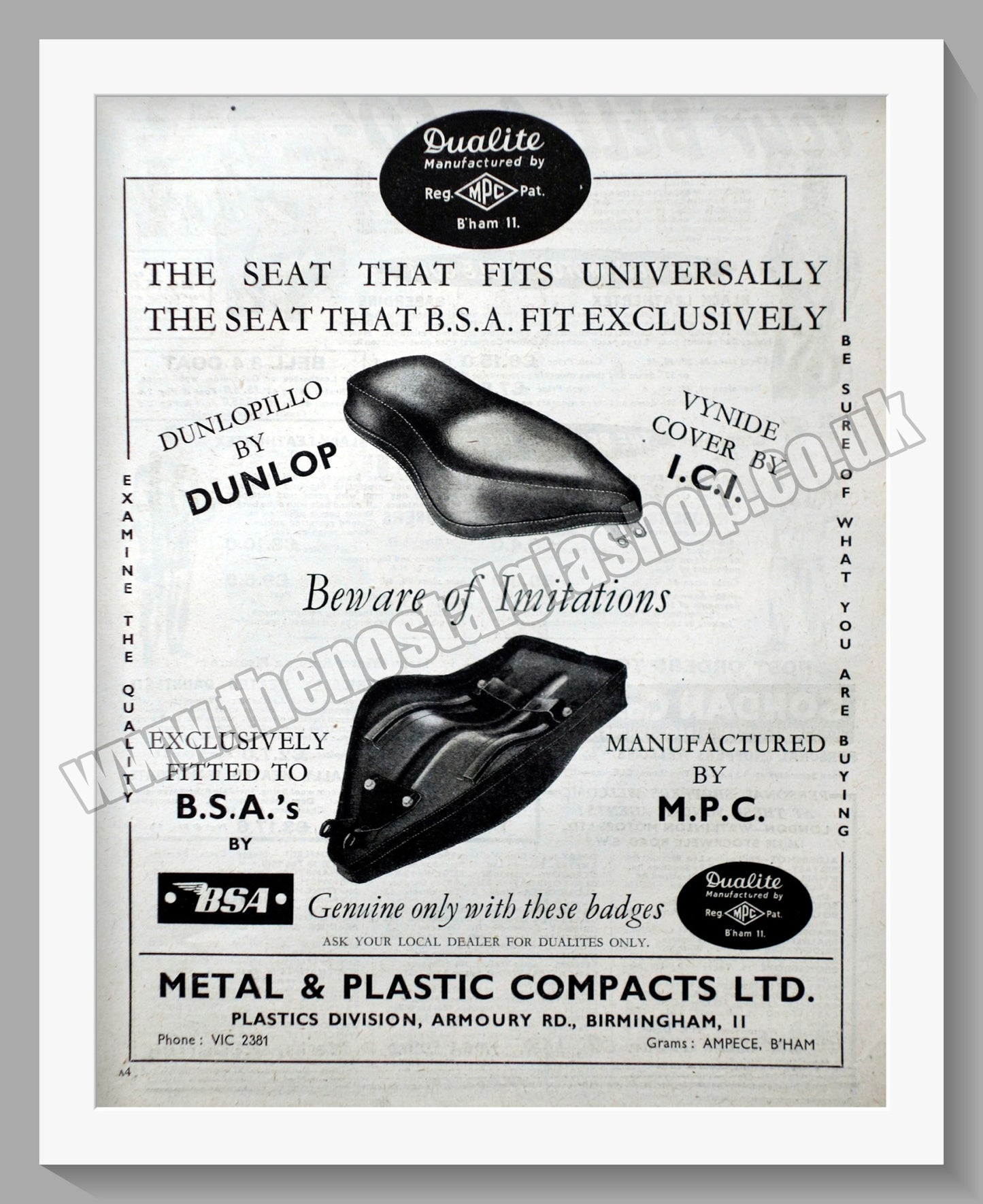 M.P.C Motorcycle Seats. Original Advert 1954 (ref AD57684)