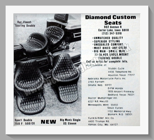 Diamond Custon Seats (USA) Motorcycle Seats. Original Advert 1978 (ref AD57686)