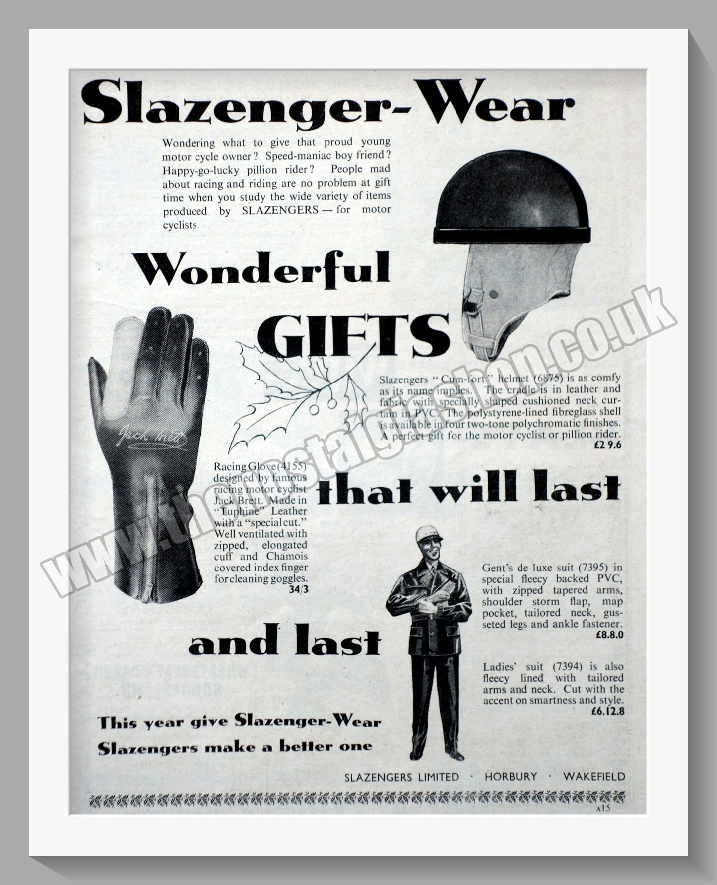 Slazenger Motorcycle Clothing. Original Advert 1959 (ref AD57658)