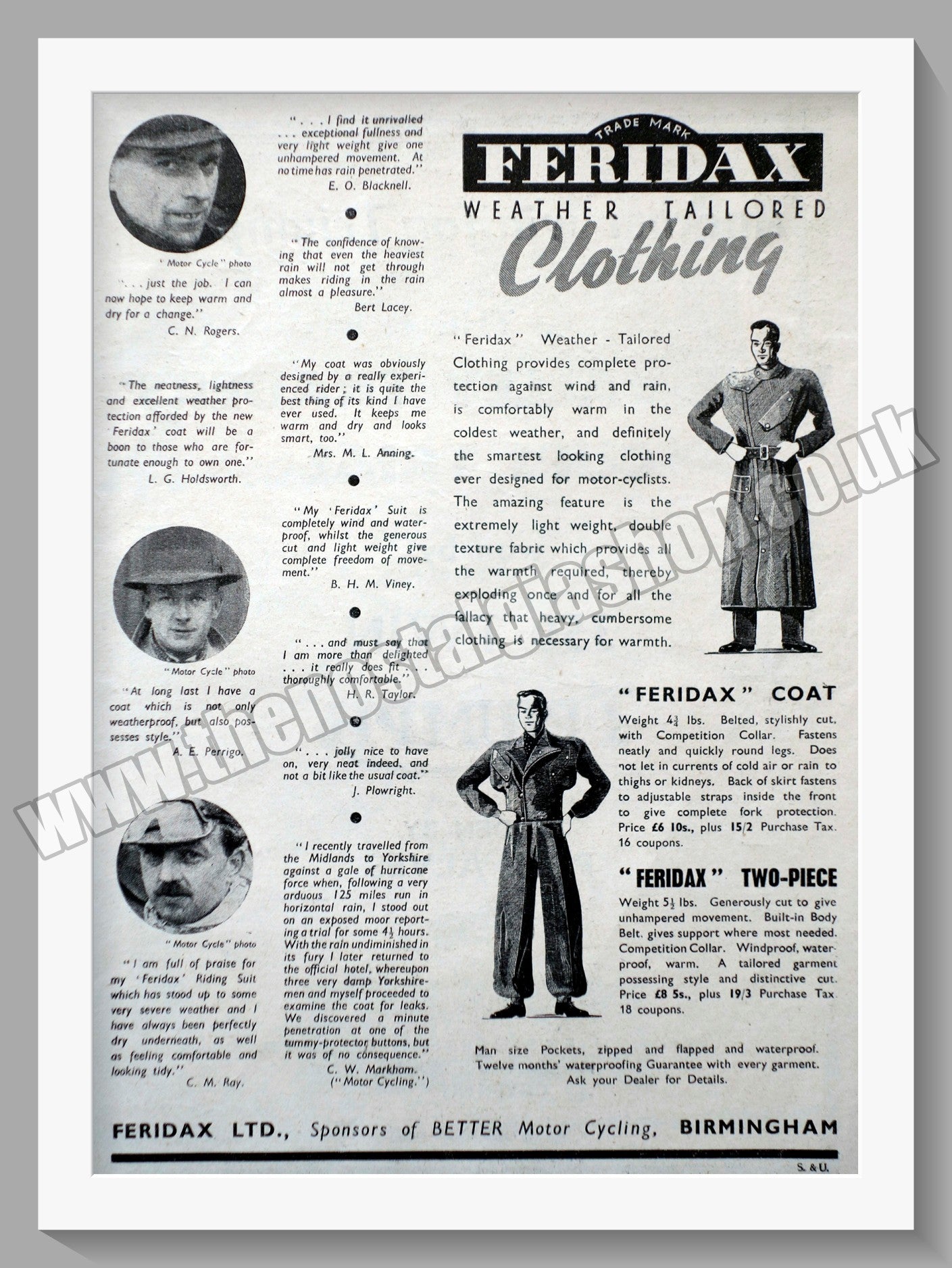 Feridax Motorcycle Clothing. Original Advert 1947 (ref AD57742)