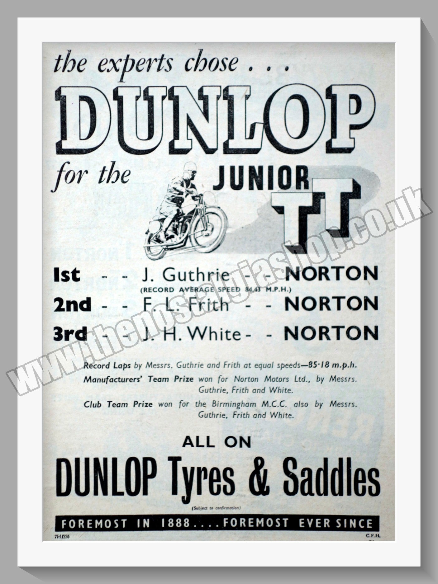 Dunlop Motorcycle Tyres, Junior T.T. Original Advert 1937 (ref AD57711)