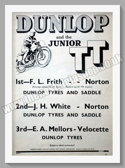 Dunlop Motorcycle Tyres, Junior T.T. Original Advert 1936 (ref AD57712)