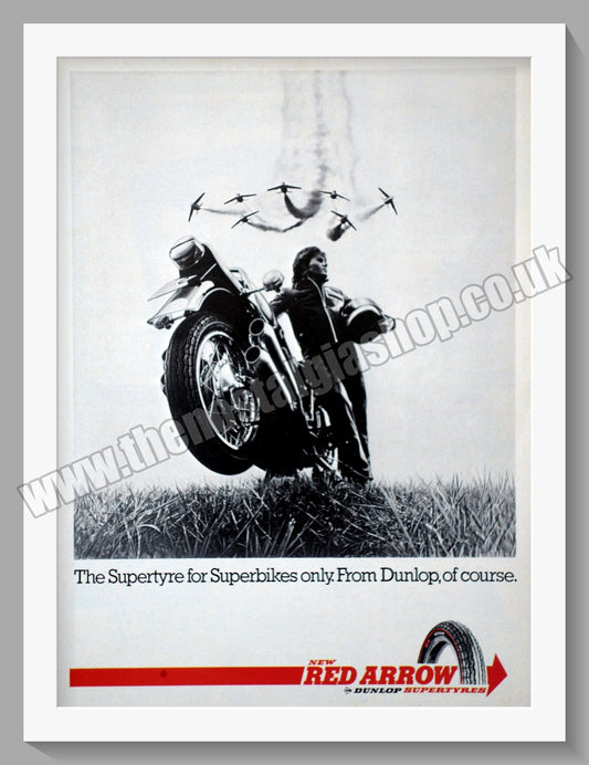 Dunlop Motorcycle Tyres with The Red Arrows. Original Advert 1975 (ref AD57726)