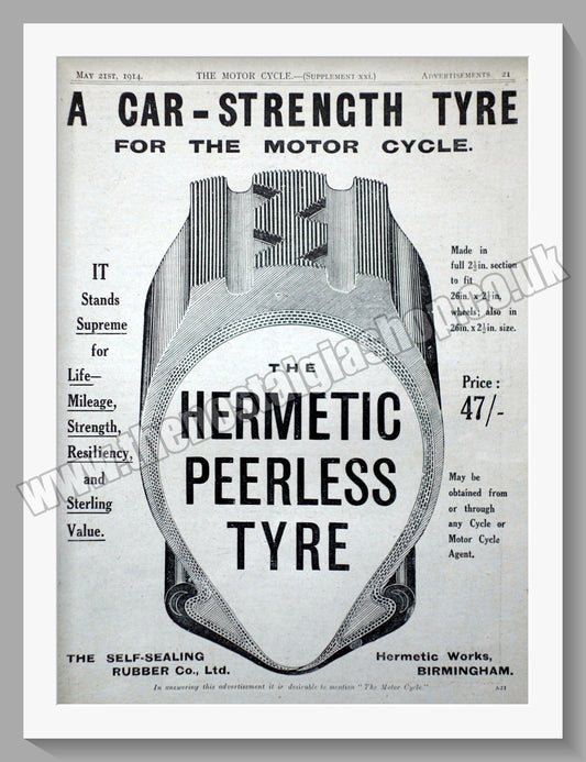 The Hermetic Peerless Motorcycle Tyre. Original Advert 1914 (ref AD57728)