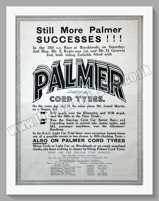Palmer Cord Motorcycle Tyres. Original Advert 1914 (ref AD57729)