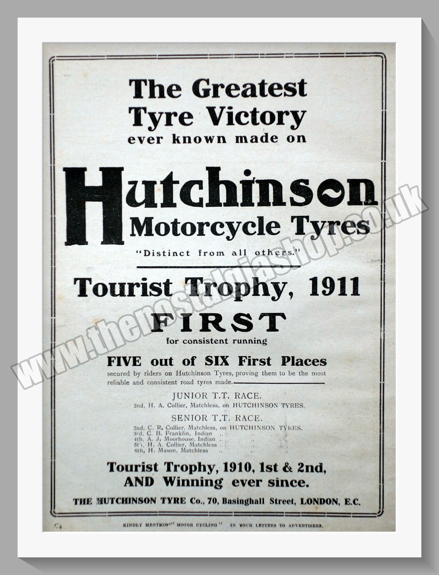 Hutchinson Motorcycle Tyres. Original Advert 1911 (ref AD57732)