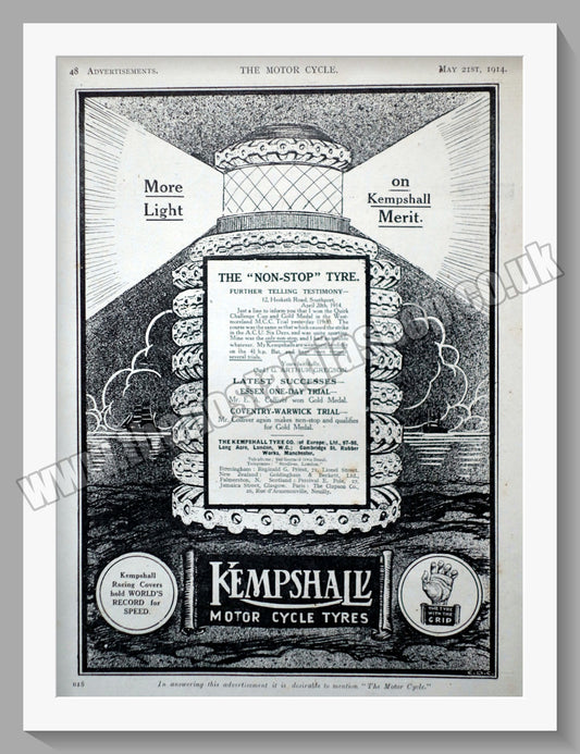 Kempshall Motorcycle Tyres. Original Advert 1914 (ref AD57735)