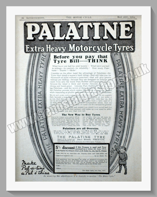 Palatine Motorcycle Tyres. Original Advert 1914 (ref AD57736)