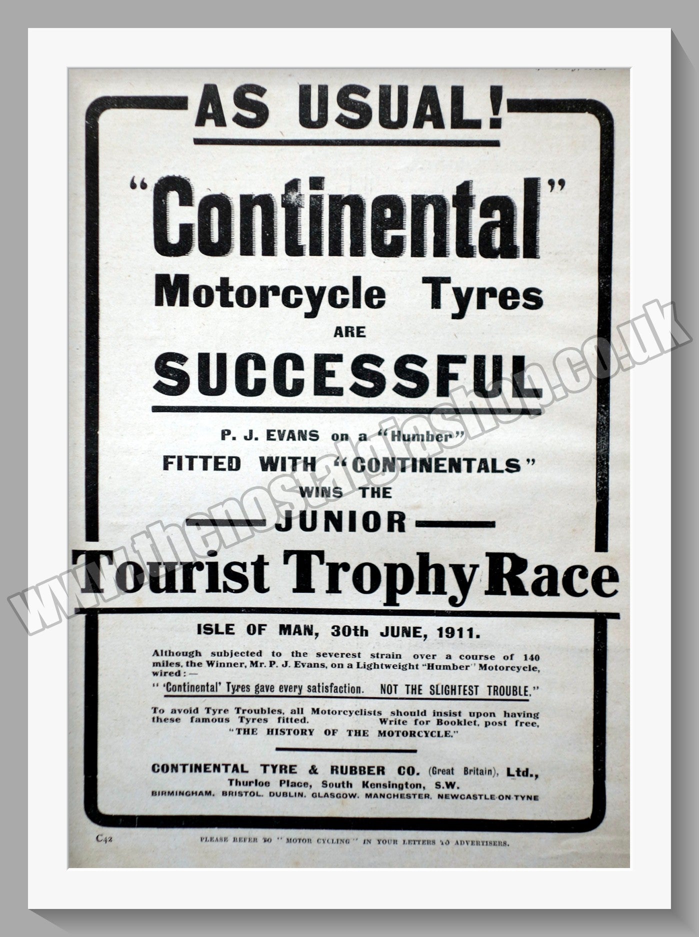 Continental Motorcycle Tyres. Original Advert 1911 (ref AD57796)
