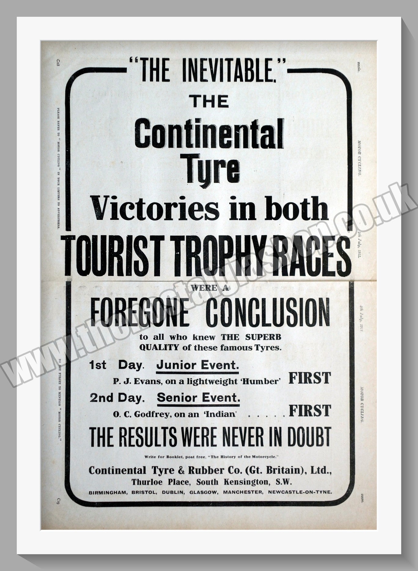 Continental Motorcycle Tyres. Original Advert 1911 (ref AD57798)