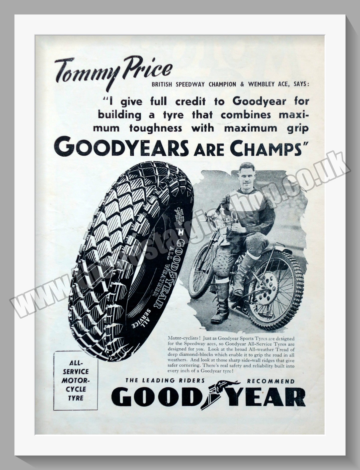 Goodyear Motorcycle Tyres. Rider Tommy Price Original Advert 1947 (ref AD57801)