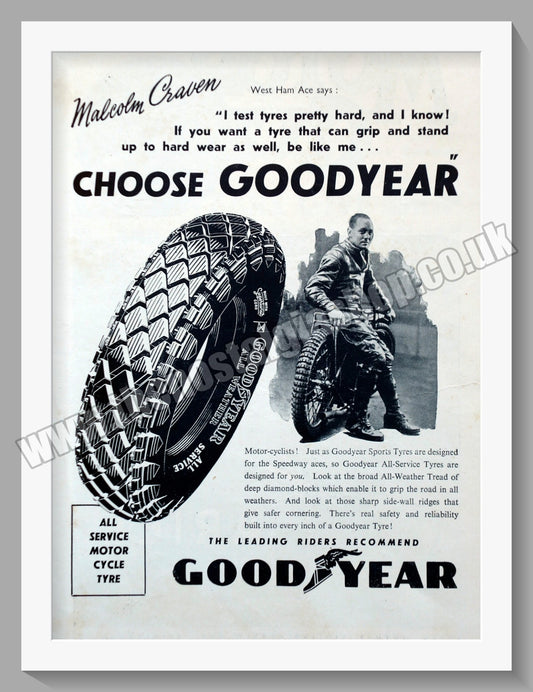 Goodyear Motorcycle Tyres. Rider Malcolm Craven. Original Advert 1947 (ref AD57802)