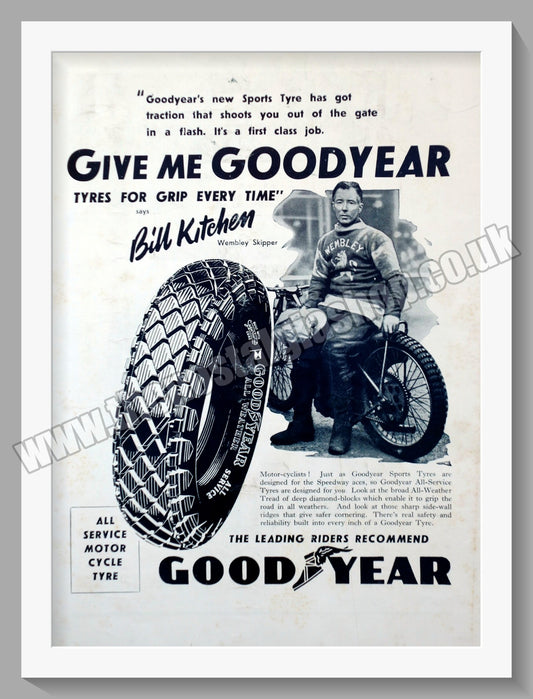 Goodyear Motorcycle Tyres. Rider Bill Kitchen. Original Advert 1946 (ref AD57806)