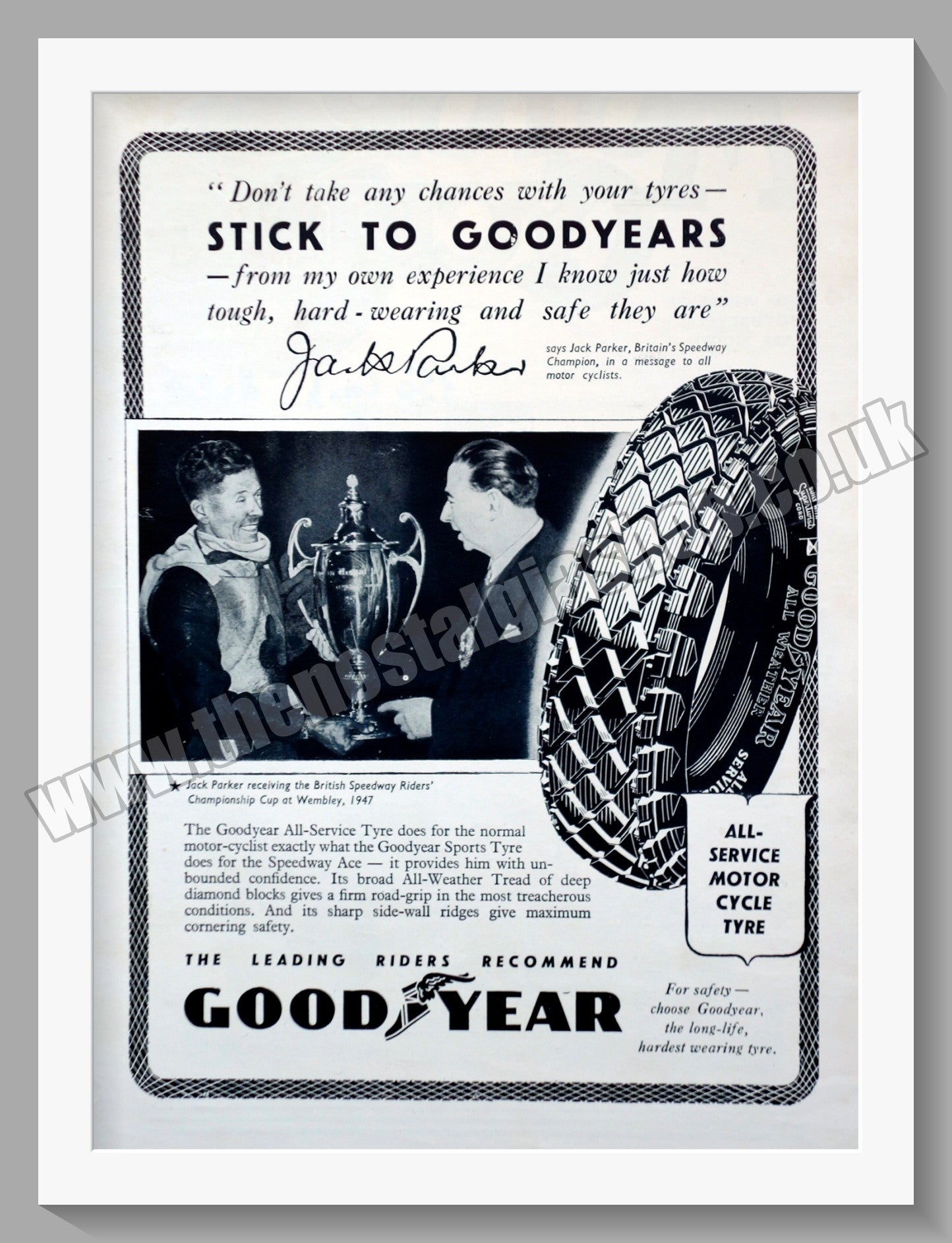 Goodyear Motorcycle Tyres. Rider Jack Parker. Original Advert 1948 (ref AD57808)