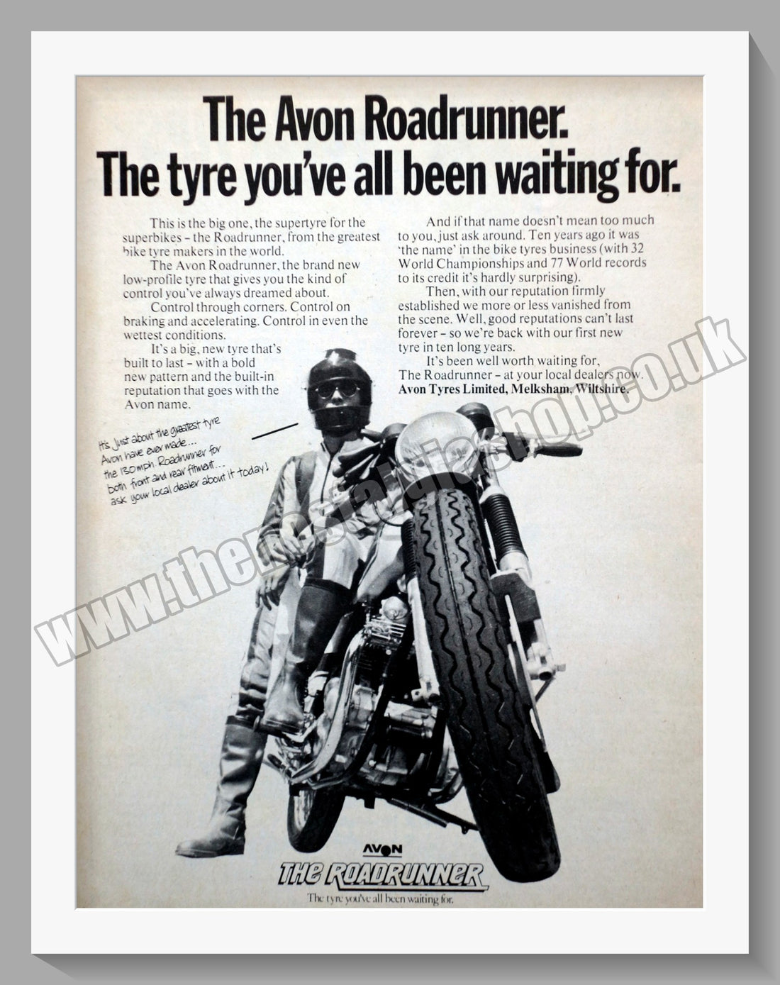 Avon Roadrunner Motorcycle Tyres. Original Advert 1975 (ref AD57766