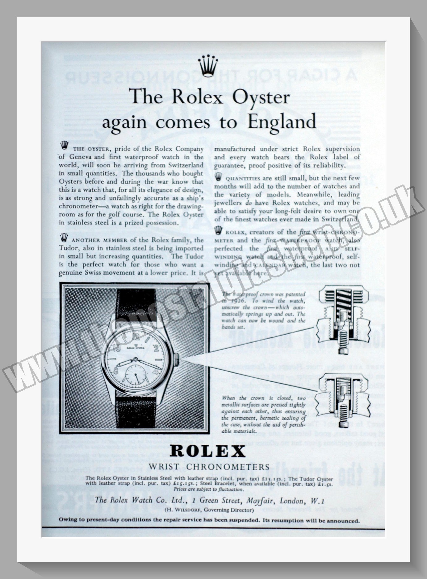 Rolex Oyster Comes to England. Original Advert 1947 (ref AD57792)