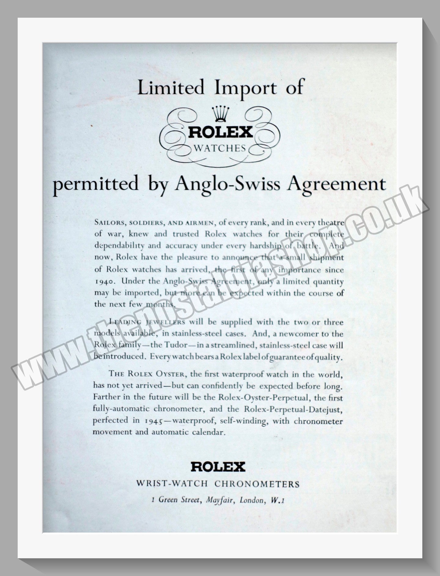 Rolex Watches Import Permitted by Anglo-Swiss Agreement. Original Advert 1947 (ref AD57794)