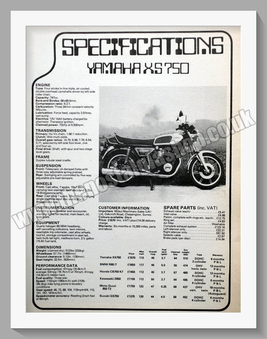 Yamaha XS750 Motorcycle Specifications. Original Advert 1978 (ref AD57818)