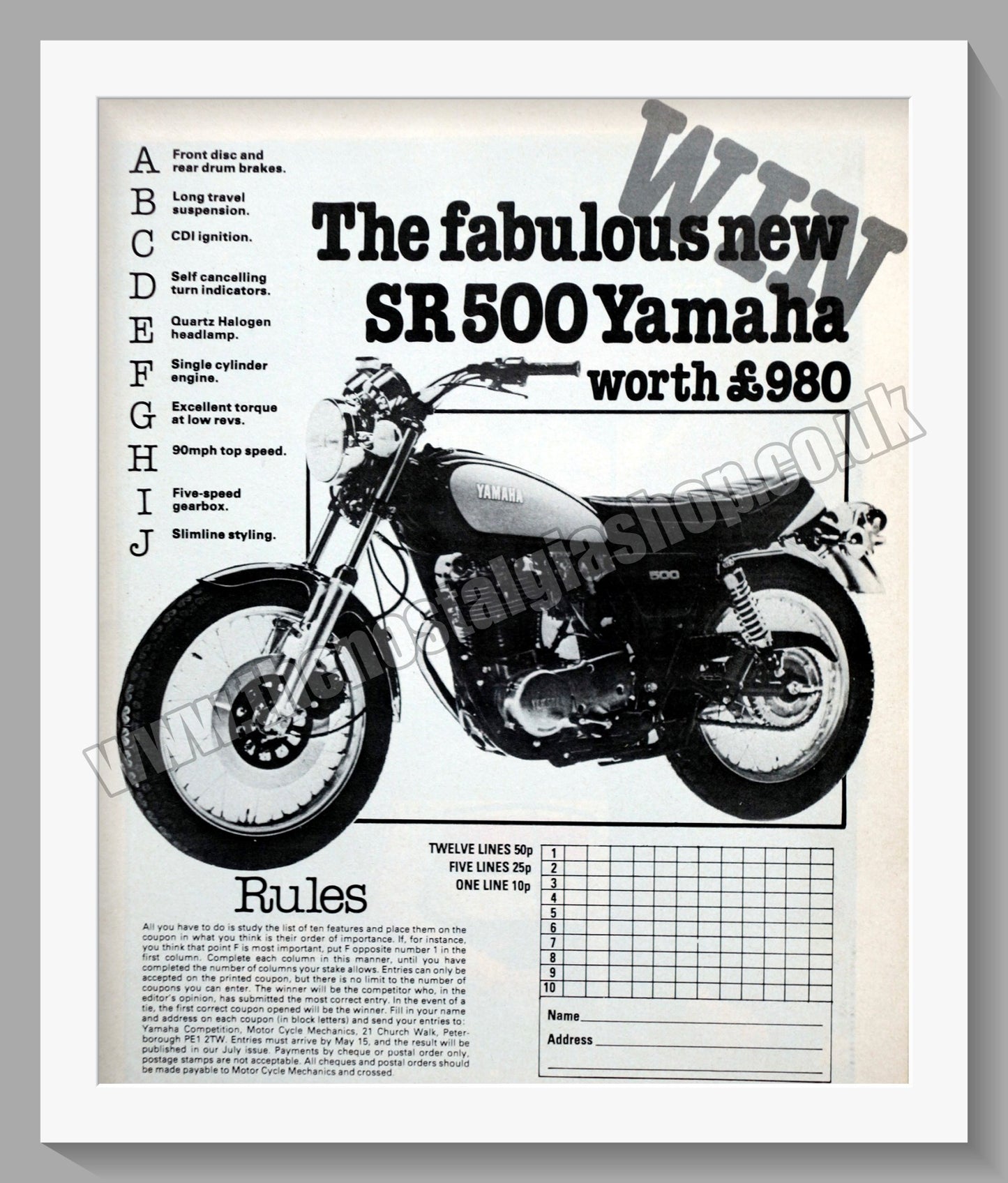 Yamaha SR500 Motorcycle. Original Advert 1978 (ref AD57827)