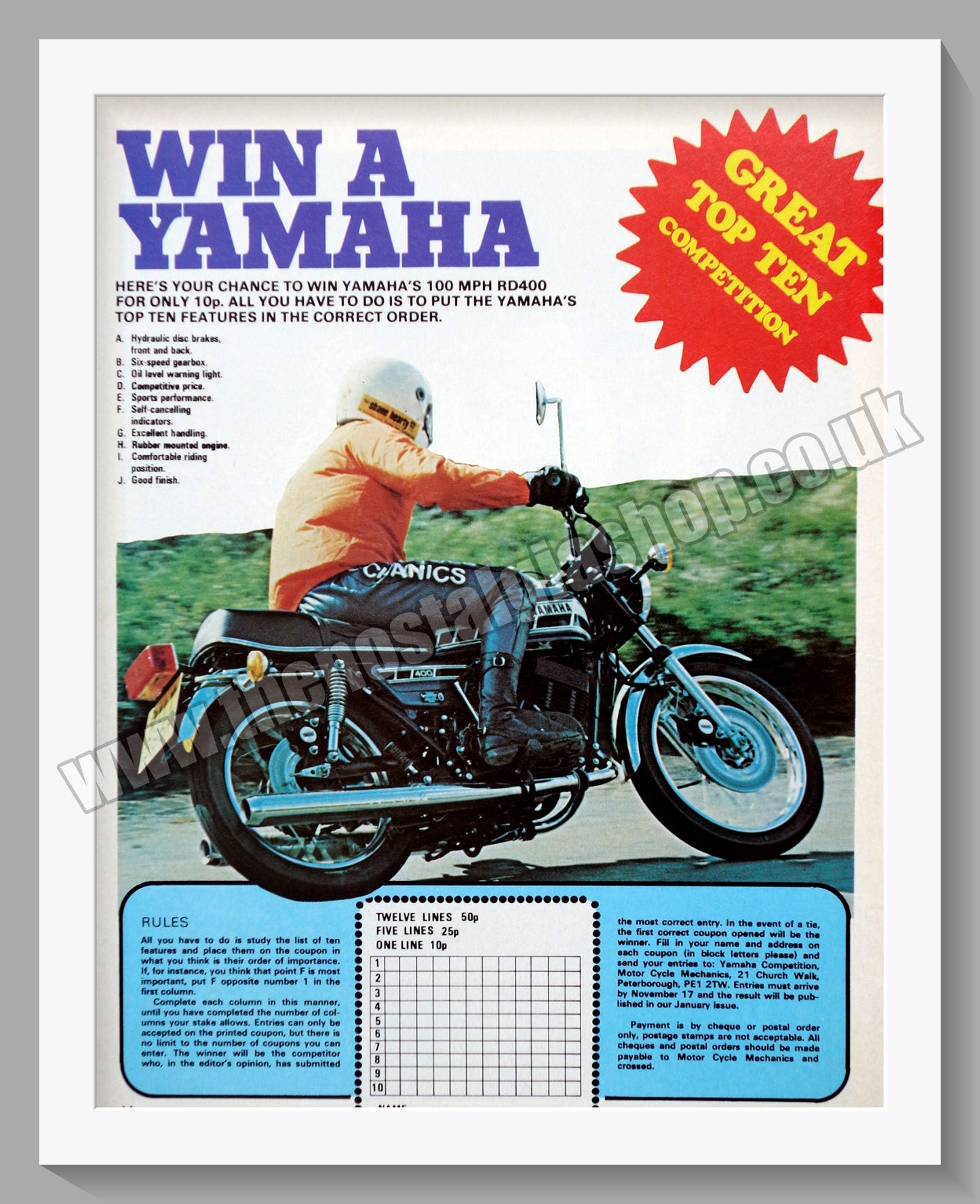 Yamaha RD400 Motorcycle. Original Advert 1976 (ref AD57862)