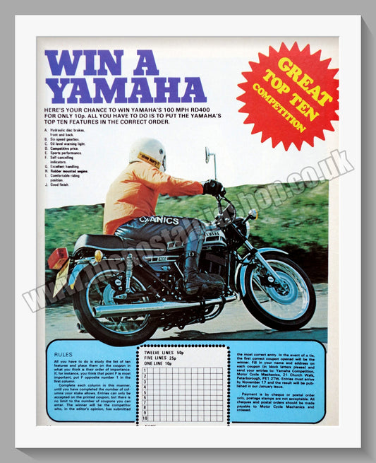 Yamaha RD400 Motorcycle. Original Advert 1976 (ref AD57862)