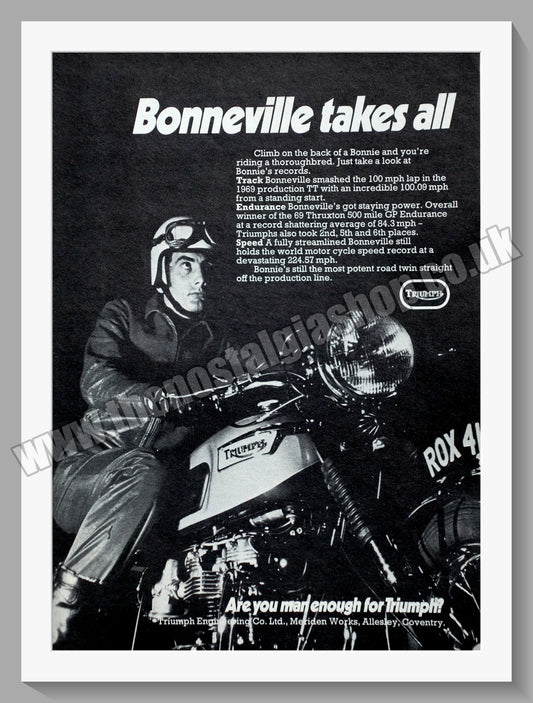 Triumph Bonneville Motorcycle. Are You Man Enough? Original advert 1970 (ref AD57882)