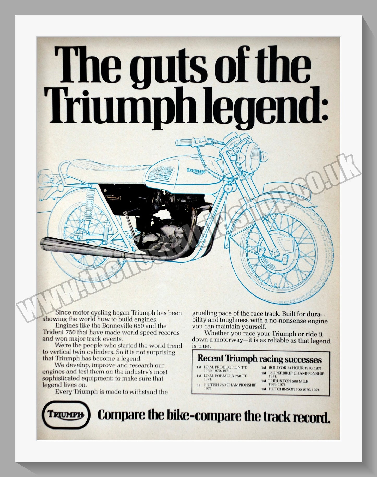 Triumph Bonneville Motorcycle. Original advert 1972 (ref AD57886)