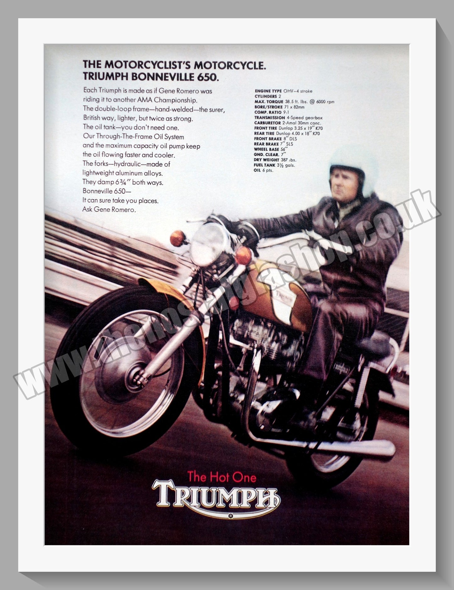 Triumph Bonneville 650 Motorcycle. Original advert 1972 (ref AD57887)
