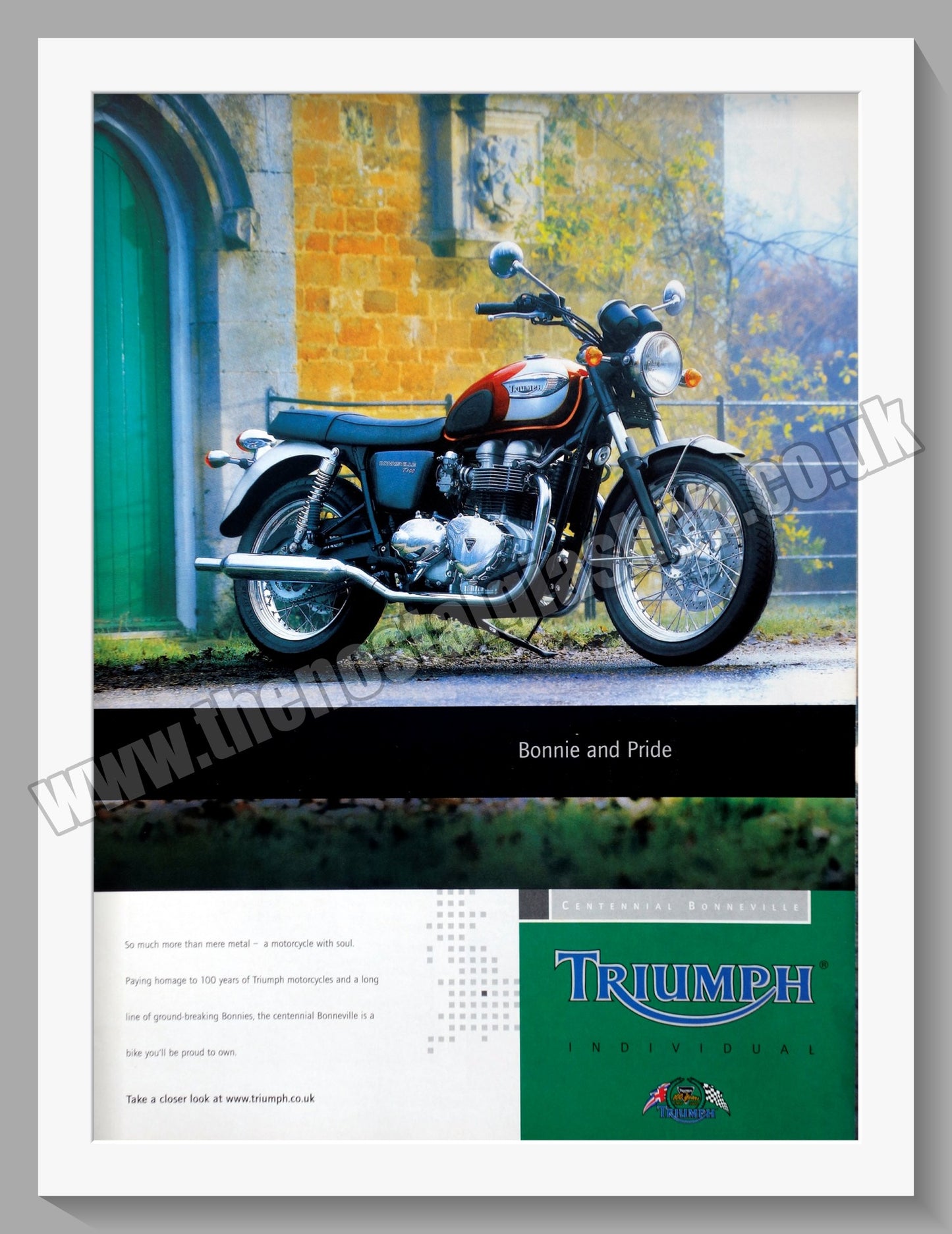 Triumph Centennial Bonneville Motorcycle. Original advert 2002 (ref AD57893)