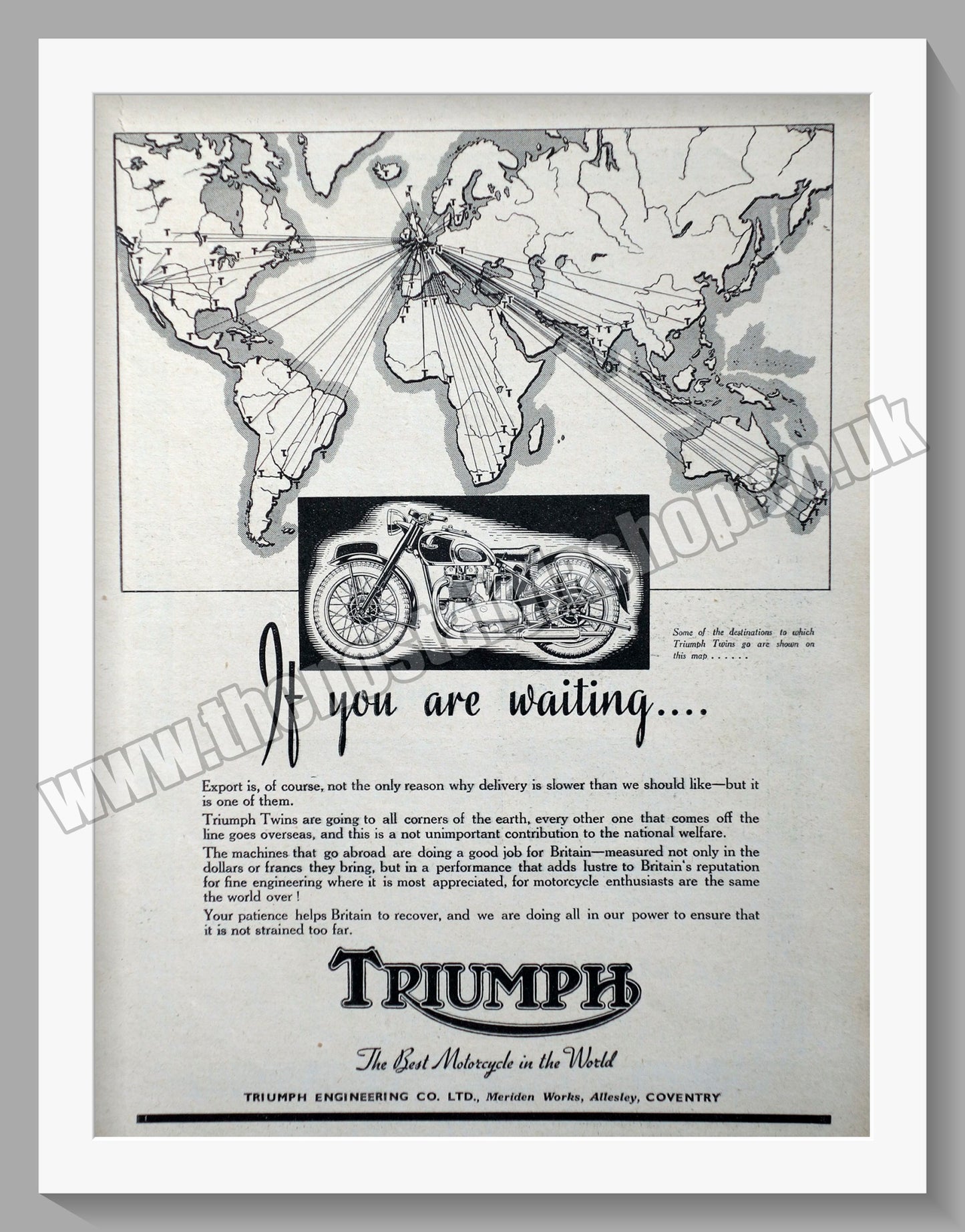 Triumph Speed Motorcycle. Original advert 1947 (ref AD57907)