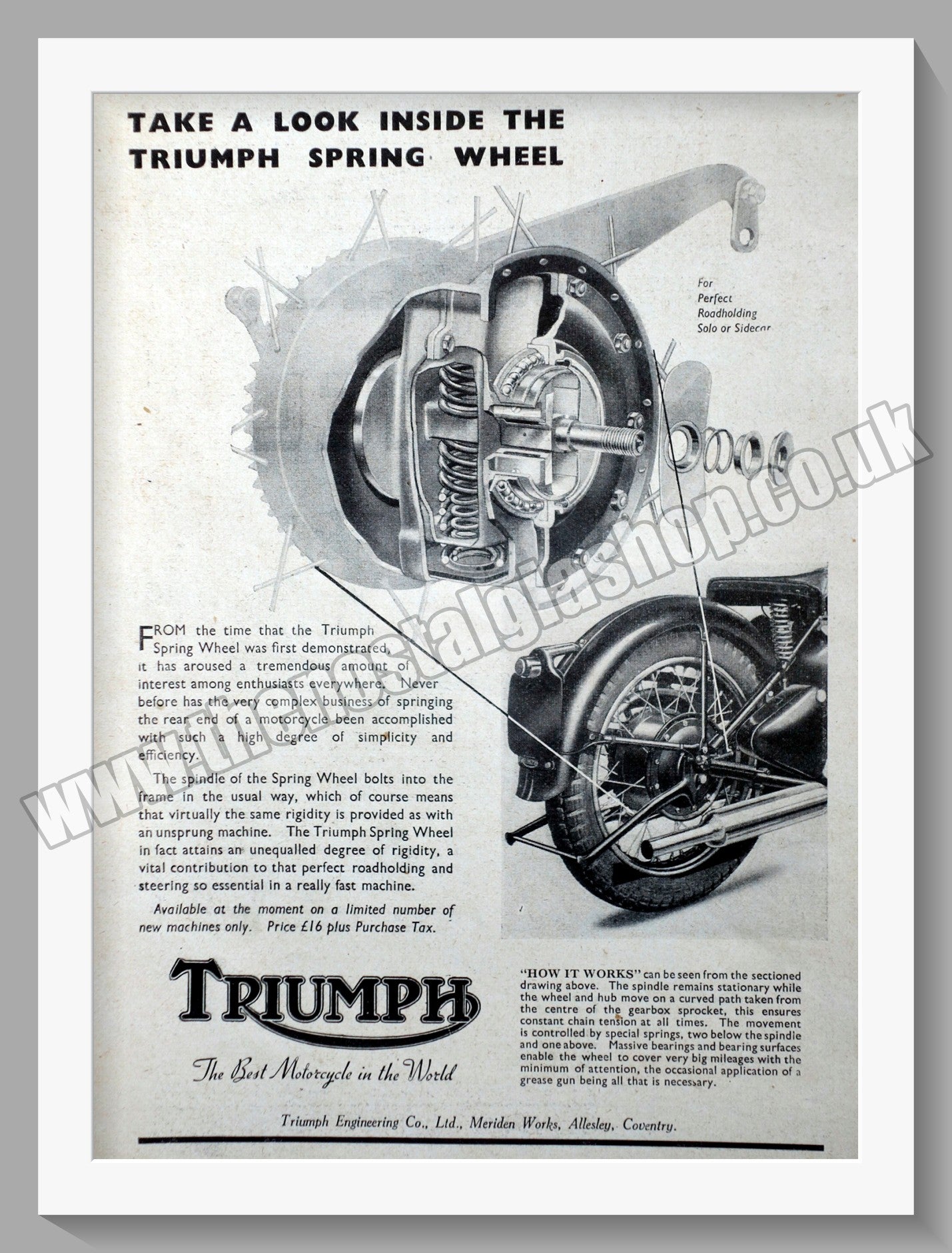Triumph Motorcycles Spring Wheel. Original advert 1948 (ref AD57908)