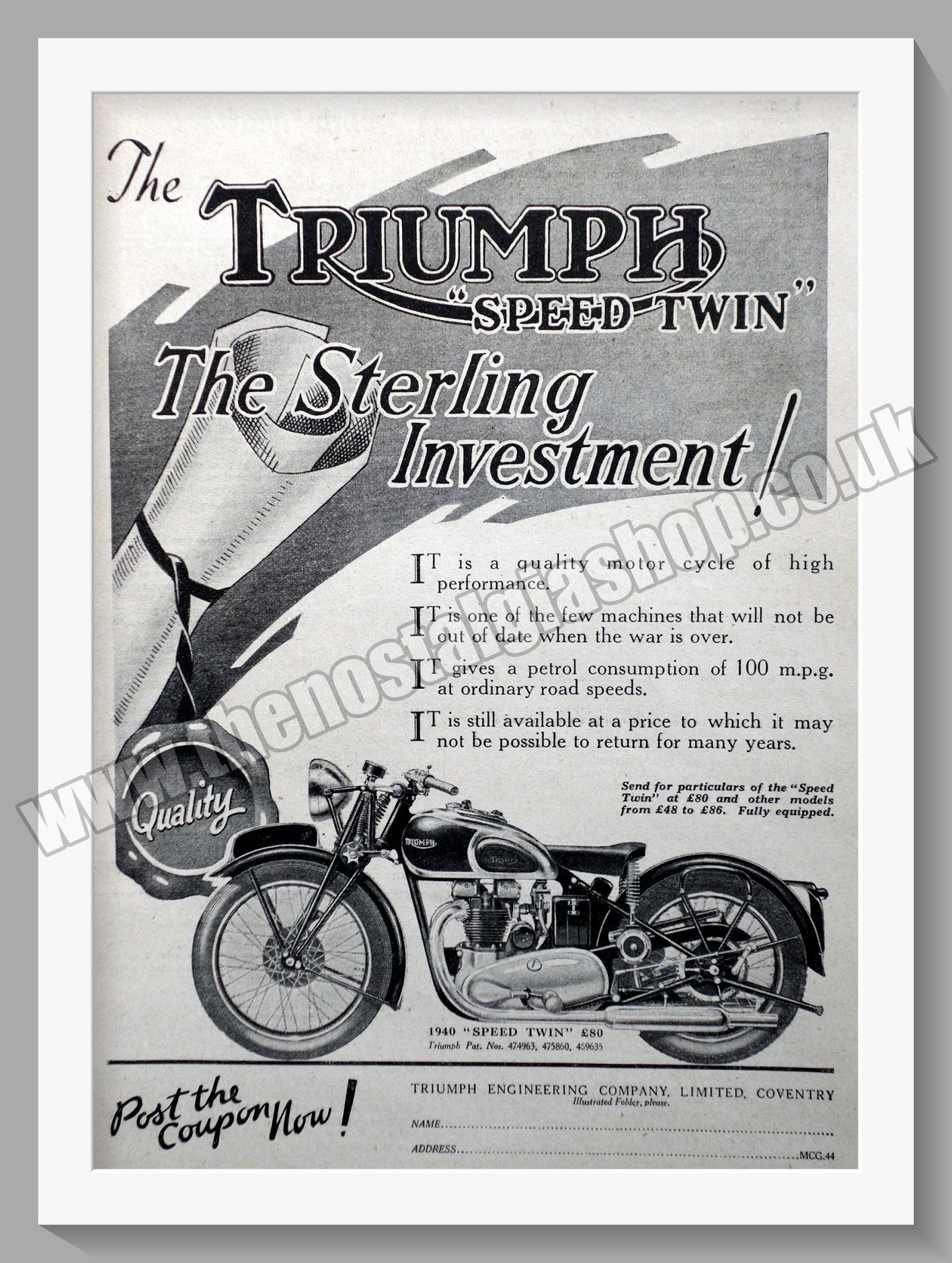 Triumph Speed Twin Motorcycles. Original advert 1940 (ref AD57911)