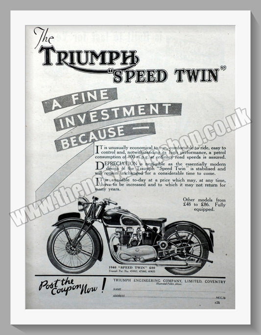 Triumph Speed Twin Motorcycles. Original advert 1940 (ref AD57912)
