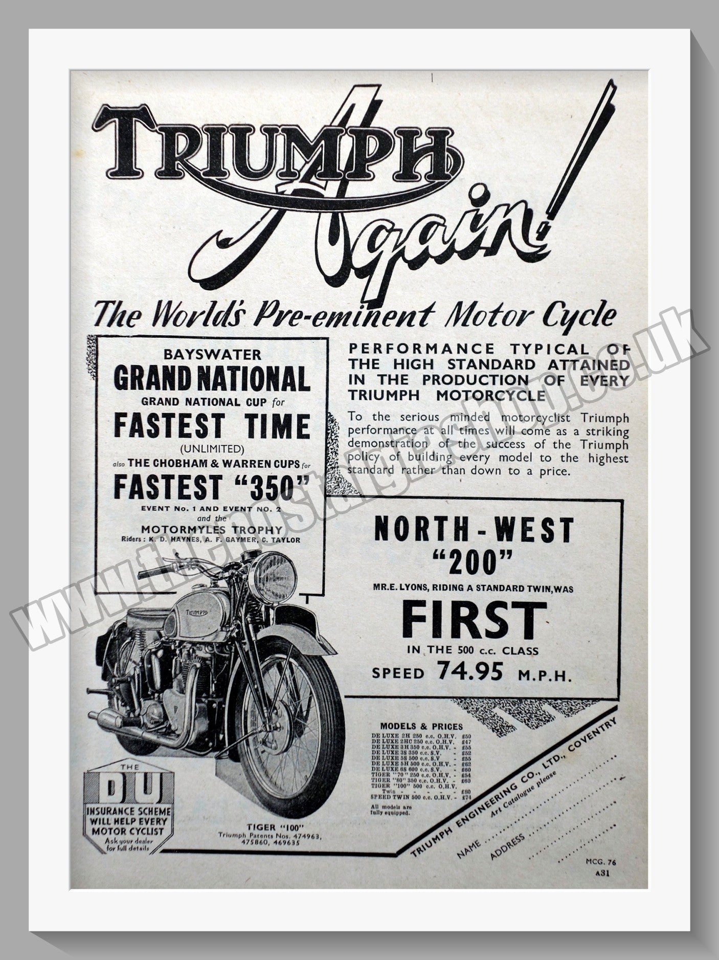 Triumph Motorcycles. Original advert 1939 (ref AD57913)