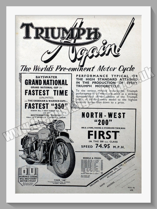 Triumph Motorcycles. Original advert 1939 (ref AD57913)