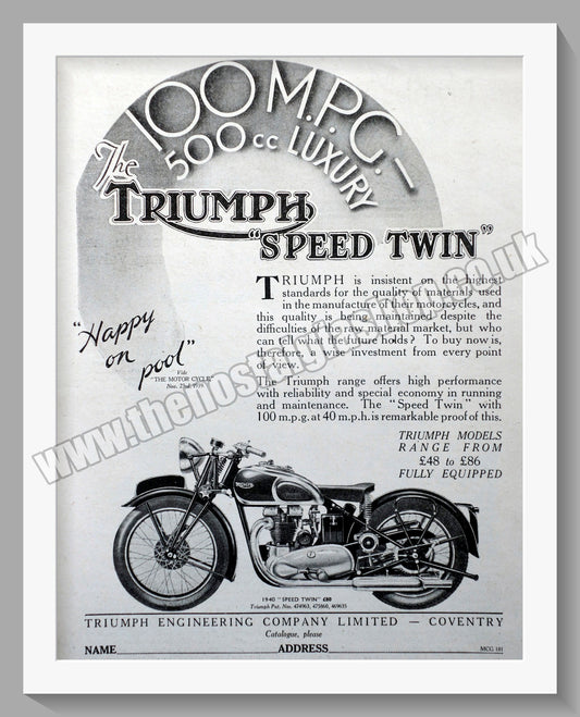 Triumph 500cc Speed Twin Motorcycles. Original advert 1940 (ref AD57917)