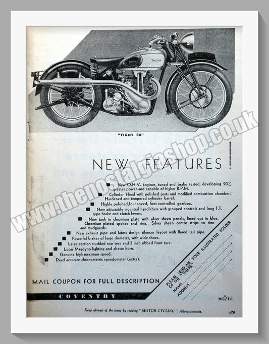 Triumph Tiger 90 Motorcycle. Original advert 1936 (ref AD57923)