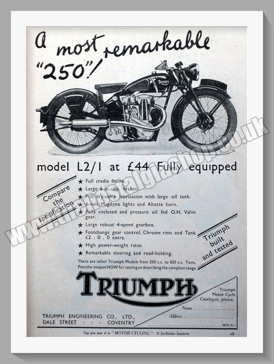 Triumph L2/I Motorcycles. Original advert 1936 (ref AD57925)