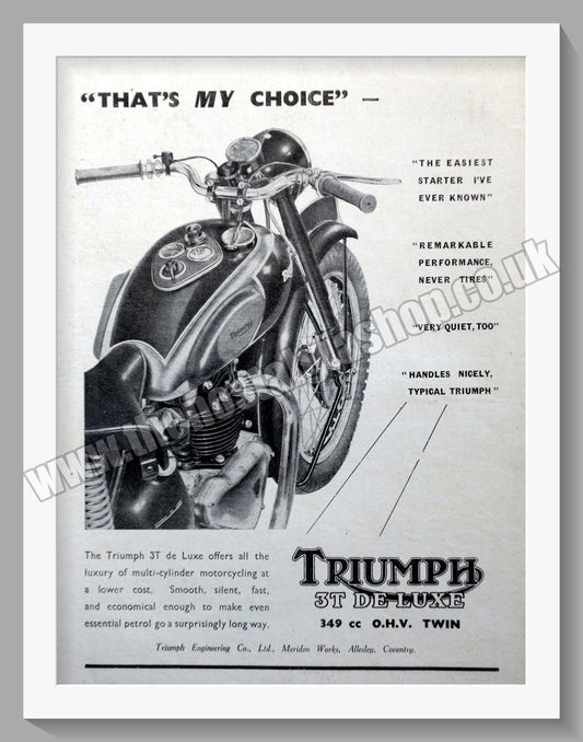 Triumph 3T DE Luxe Motorcycles. Original advert 1948 (ref AD57927)