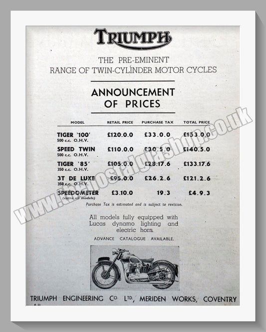 Triumph Motorcycles Price List. Original advert 1945 (ref AD57929)